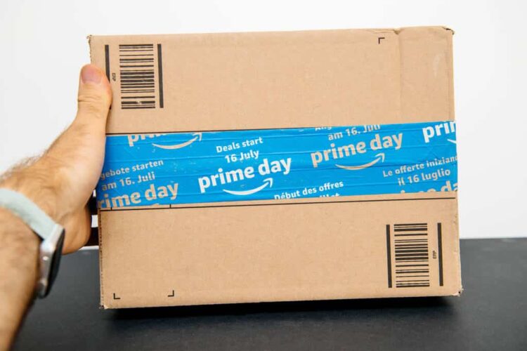person holding an amazon prime package